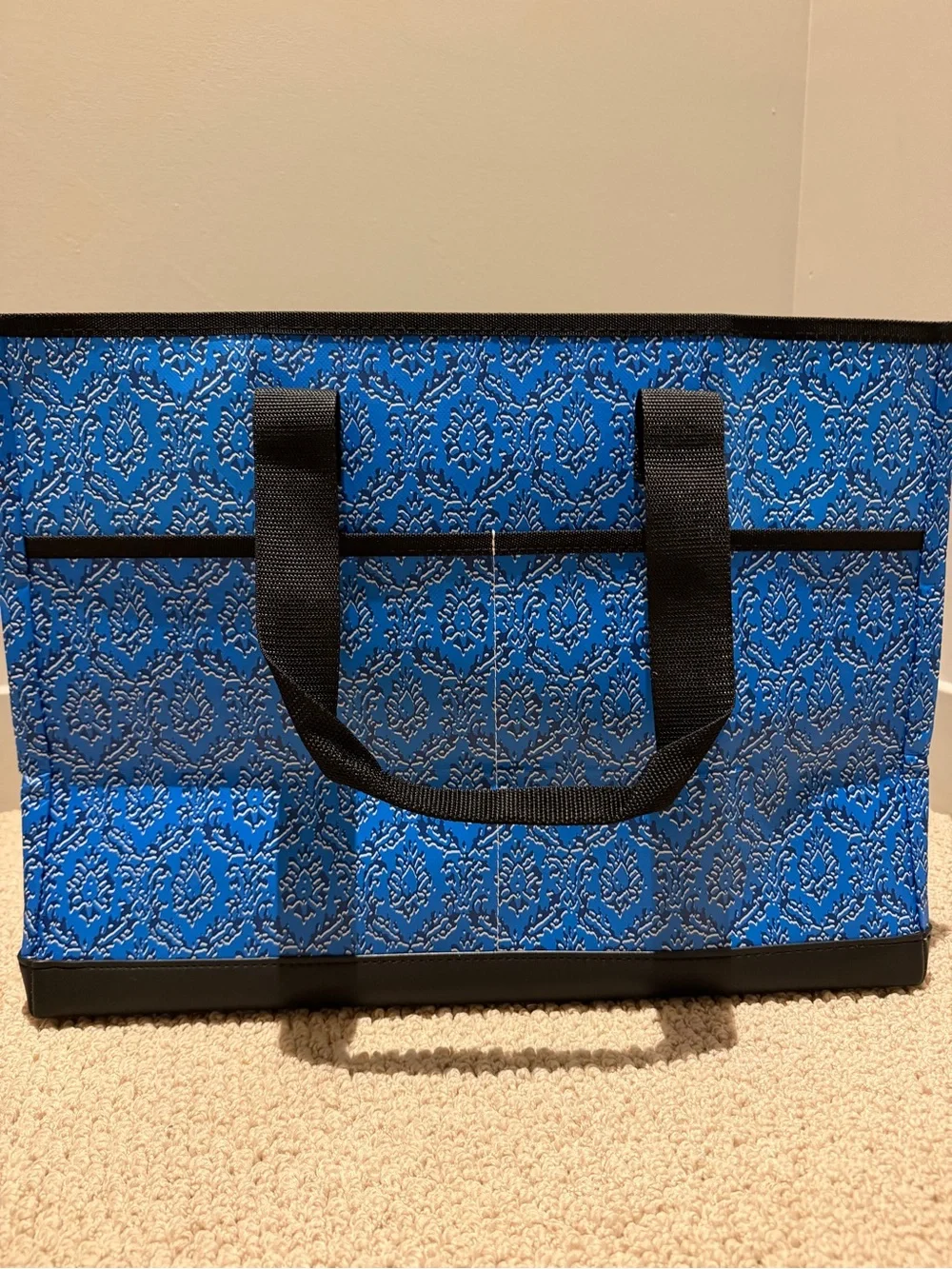 Scout Blue Patterned Tote with Black Straps and Interior Zip